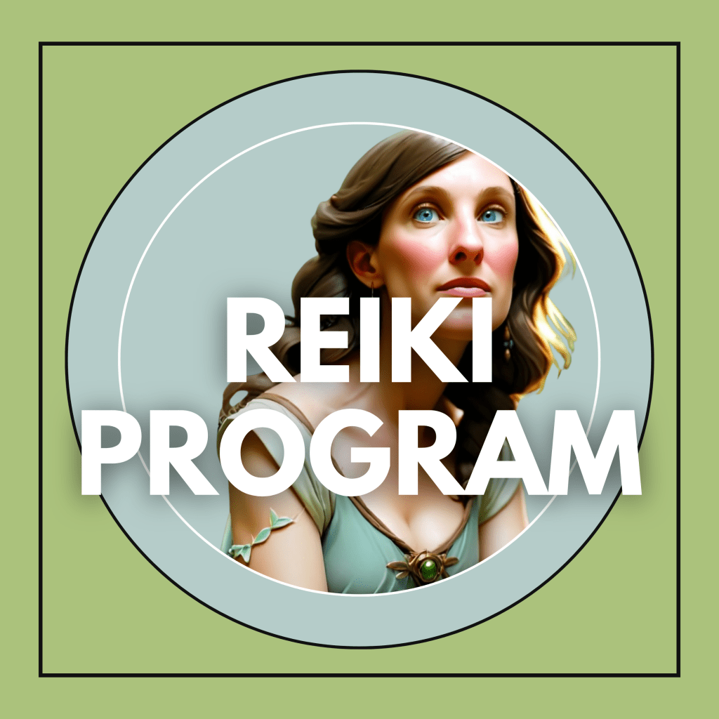 A graphic featuring a woman with long brown hair and a thoughtful expression, surrounded by a circular frame, with the text 'REIKI PROGRAM' prominently displayed in bold white letters.