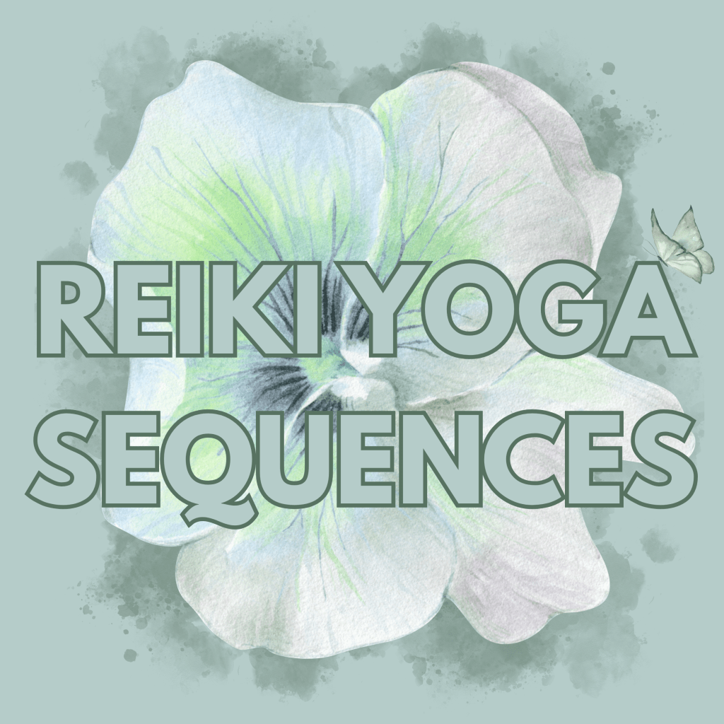 A soft pastel illustration of a flower with the text 'REIKI YOGA SEQUENCES' prominently displayed over it.