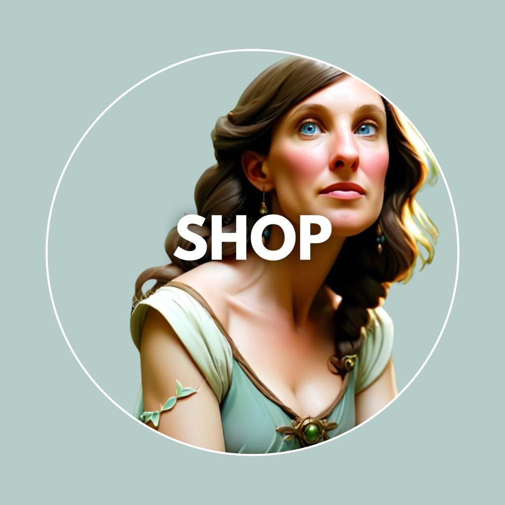 A portrait of a woman with long, flowing hair, wearing an elegant outfit, with the word 'SHOP' prominently displayed across the image.