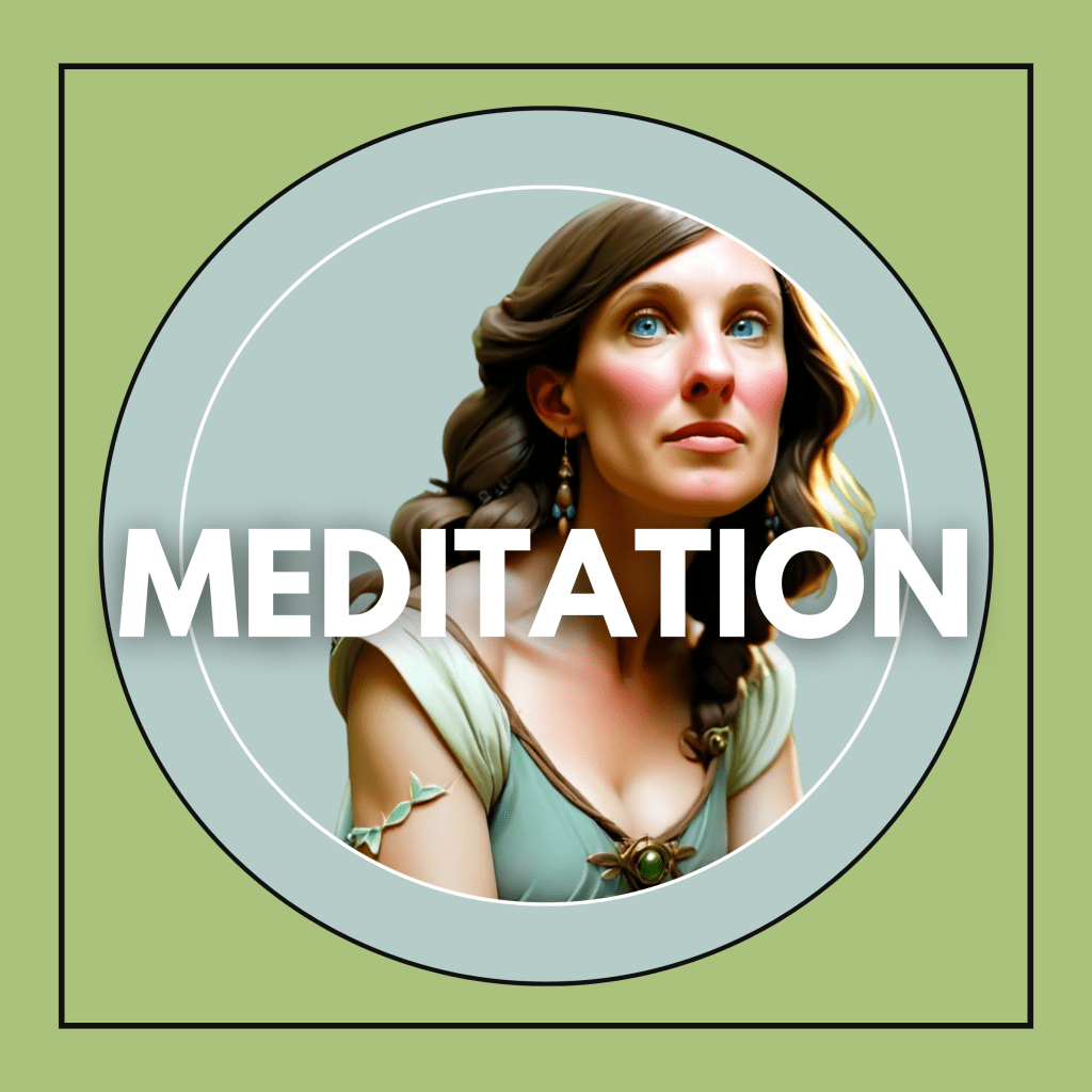 A serene illustration of a woman with long hair, gazing thoughtfully, with the word 'MEDITATION' prominently displayed in bold letters.