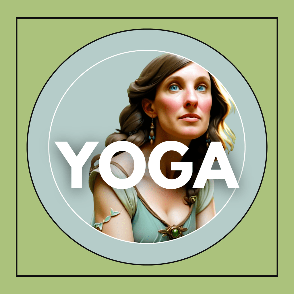 A stylized illustration of a woman with long hair and earrings, looking contemplative with the word 'YOGA' prominently displayed in white.