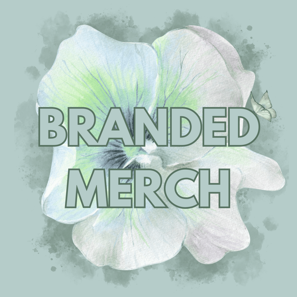 Illustration of a flower with the text 'BRANDED MERCH' overlaid.