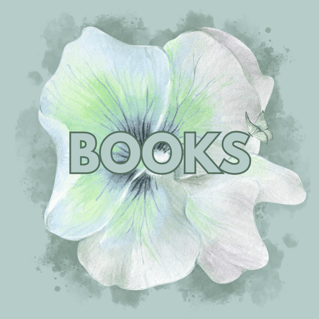 A delicate watercolor illustration of a flower with the word 'BOOKS' prominently displayed in the center.