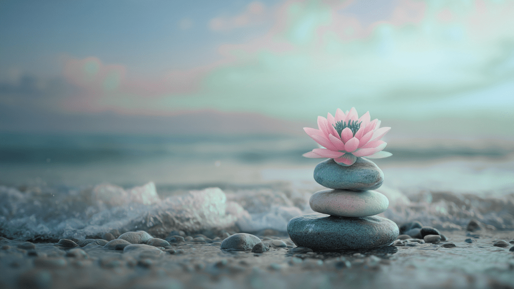 A stack of smooth stones with a pink lotus flower on top, set against a serene beach scene with gentle waves in the background.